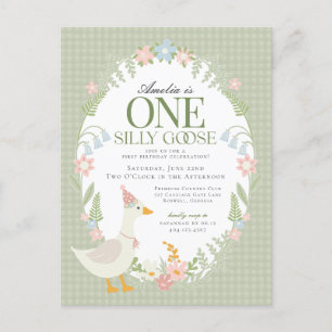 Cartão Postal Bobo Verde Ganso Floral Gingham Primeiro Aniversár