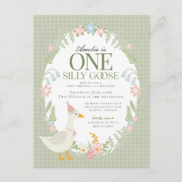 Cartão Postal Bobo Verde Ganso Floral Gingham Primeiro Aniversár
