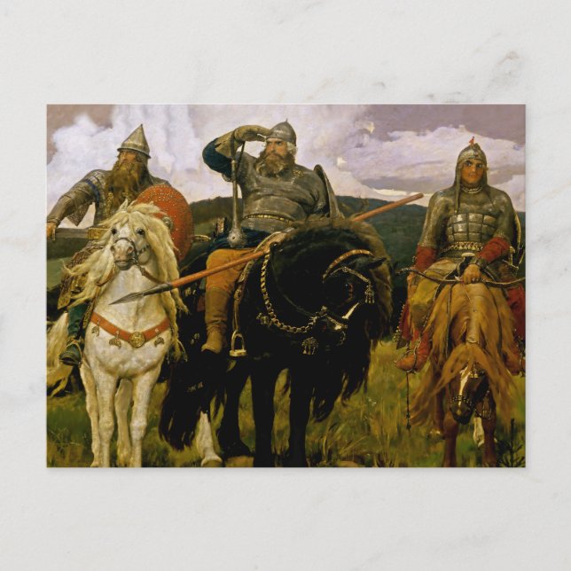 Cartão Postal “Bogatires Russos” por Viktor Vasnetsov (Frente)