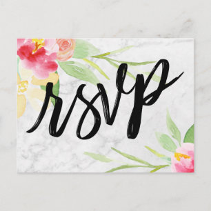 Cartão Postal Boho Aquarela Floral em Mármore Cinza Sutil RSVP