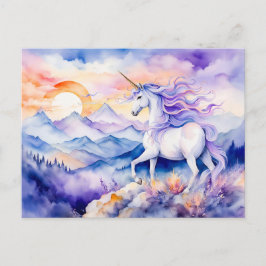 Cartão Postal Boho Aquarela Forte Unicórnio em Pé Sobre Névoa M