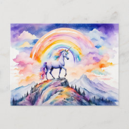 Cartão Postal Boho Aquarela Unicórnio Mágico Sob Arco-íris Radia