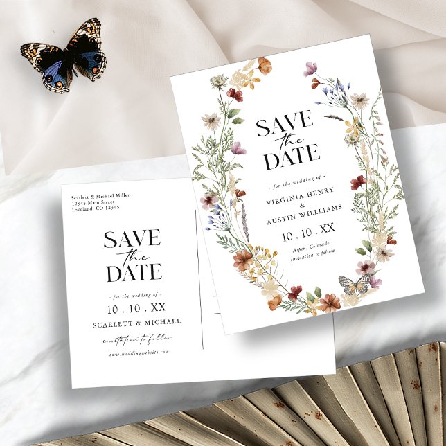 Cartão postal Boho Branco para salvar a data (Elegant Boho White Floral Save The Date Postcard by Painted Paperie)