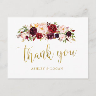 Cartão Postal Boho Burgundy - Casamento Floral Obrigado