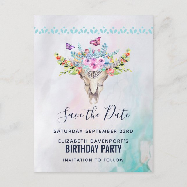 Cartão Postal Boho Caveira com um Bouquet Floral Salve a Data (Frente)