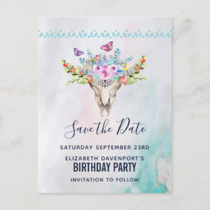 Cartão Postal Boho Caveira com um Bouquet Floral Save the Date