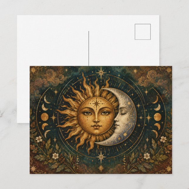 Cartão Postal Boho Celestial Sol e Lua Escuro Hippie (Frente/Verso)