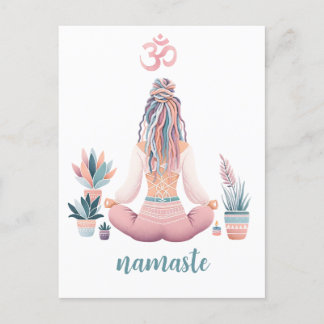 Cartão Postal Boho Design- Frau mit Dreadlocks- Meditation- OM