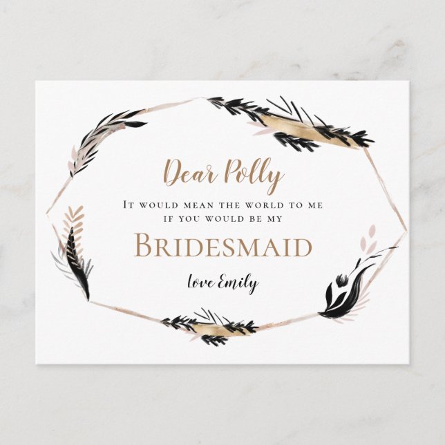 Cartão Postal Boho Dourado Preto Folga Pedido Bridesmaid (Frente)