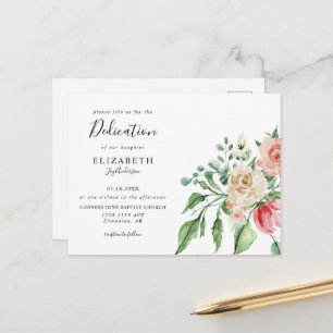 Cartão Postal Boho Elegante Rosa Aquarela Dedicação de Bebê 
