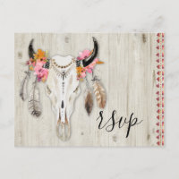 Boho Floral Antler Skull Rustic Wood RSVP Casament