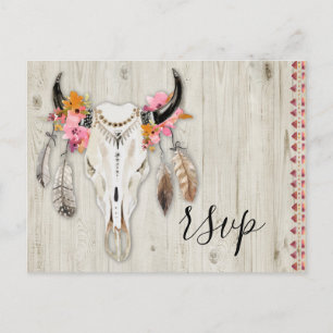 Cartão Postal Boho Floral Antler Skull Rustic Wood RSVP Casament