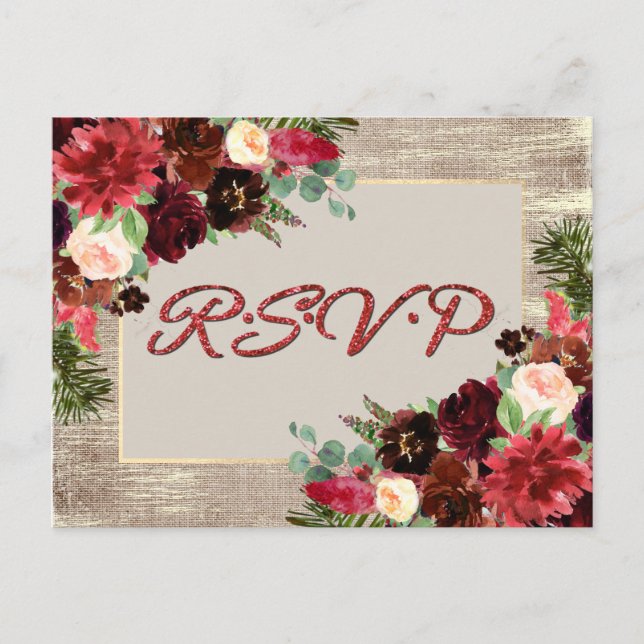 Cartão Postal Boho Floral Floral Burgundy Dourada RSVP (Frente)