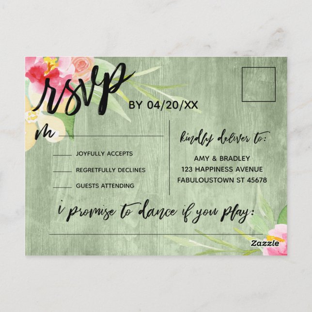 Cartão Postal Boho Floral Green Rustic Wood Song RSVP (Verso)