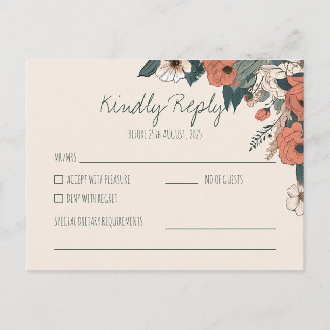 Cartão Postal Boho Floral RSVP | Resposta de Casamento Elegante (Frente)