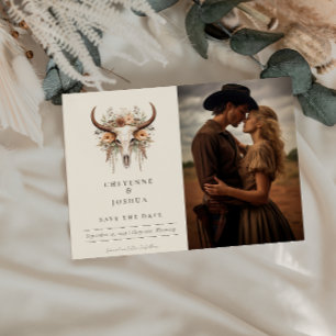 Cartão Postal Boho Floral Skull Western Weding Date