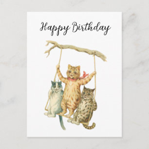 Cartão Postal Boho Floral Vintage em Aquarela Gatos Feliz Aniver