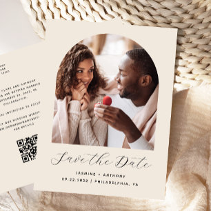 Cartão Postal Boho Foto Arco Bege Código QR Save the Date