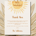 Cartão Postal Boho Hello Sunshine Chá de fraldas Obrigado<br><div class="desc">Este Chá de fraldas Obrigado O Cartão-Postal está decorado com uma aquarela e diz Olá Sunshine! sobre um fundo creme. Perfeito para um chá de fraldas neutro em termos de gênero. Facilmente personalizável. Porque nós criamos a nossa trabalho de arte, você não encontrará esta imagem exata de outros designers. Original...</div>