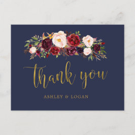 Cartão Postal Boho Marinho e Dourado Casamento Floral Obrigado
