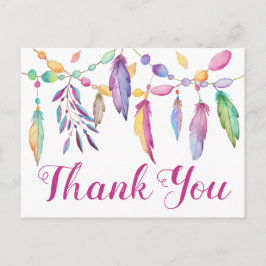 Cartão Postal Boho Obrigado Penas Casamento Puro, Rosa, Índio