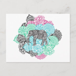 Cartão Postal Boho paisley elefante, espalhante folhada