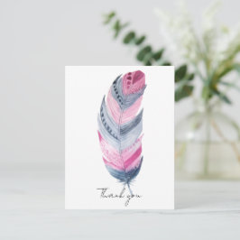 Cartão Postal Boho Pena Rosa Cinza Aquarela Obrigada