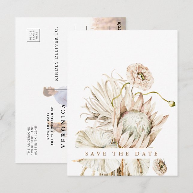 Cartão Postal Boho Protea Pampas Grass Salva a Data Foto Postc (Frente/Verso)