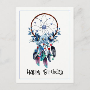 Cartão Postal Boho Sonho Azul Apanhador de Sonhos Pena Floral Fe