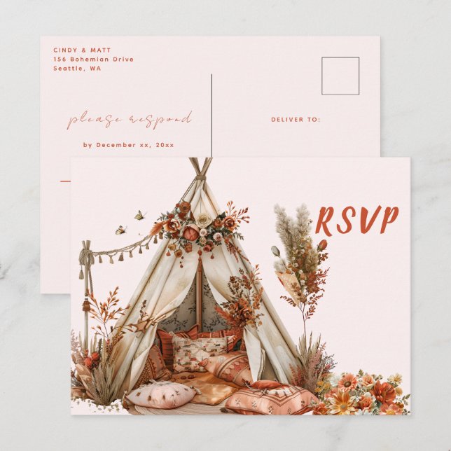 Cartão Postal Boho Tent Feenas Casamento RSVP (Frente/Verso)