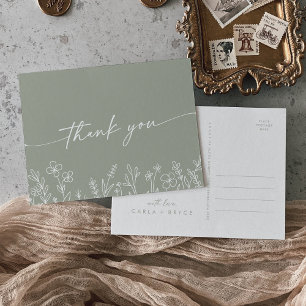 Cartão Postal Boho Verde Sage Flor de Campo Obrigado Casamento