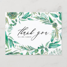 Cartão Postal Boho Watercolor Greenerent e Suculentos Obrigado