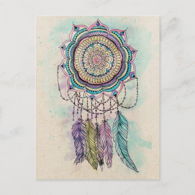 Cartão Postal Boho Watercolor Mandala Dreamcatcher (Frente)