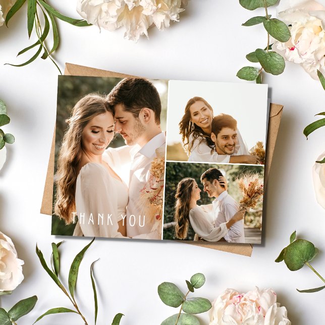 Cartão Postal Boho Wedding 3 Foto Collage Obrigado (Boho Wedding 3 Photo Collage Thank You Postcard)