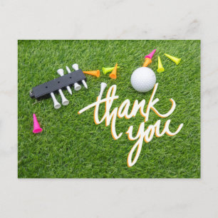 Cartão Postal Bola de golfe e tee colorido grama verde obrigado