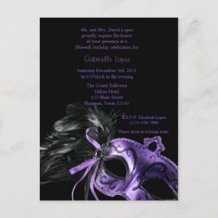 Cartão Postal Bola Mascarada Roxa Quinceanera 15 de Aniversário