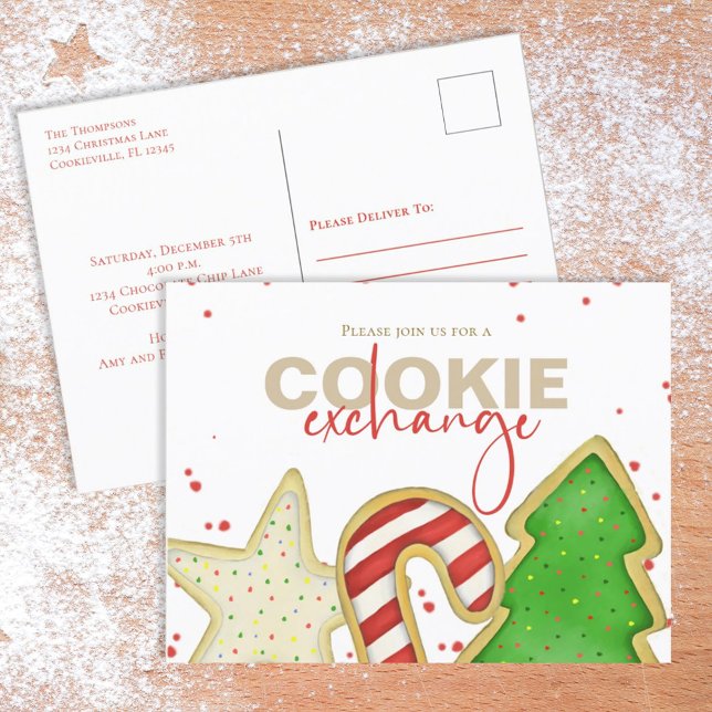 Cartão Postal Bolacha branca e doce de Natal Inv (Christmas whimsical colorful cookie cutout postcard invitation with watercolor cute cookies. )