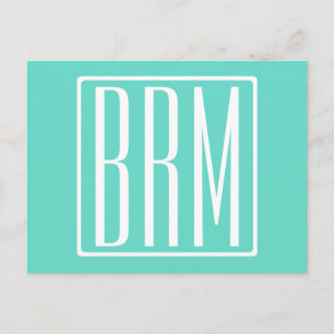 Cartão Postal Bold Modern 3 Iniciais Monograma   Branco Em Aqua