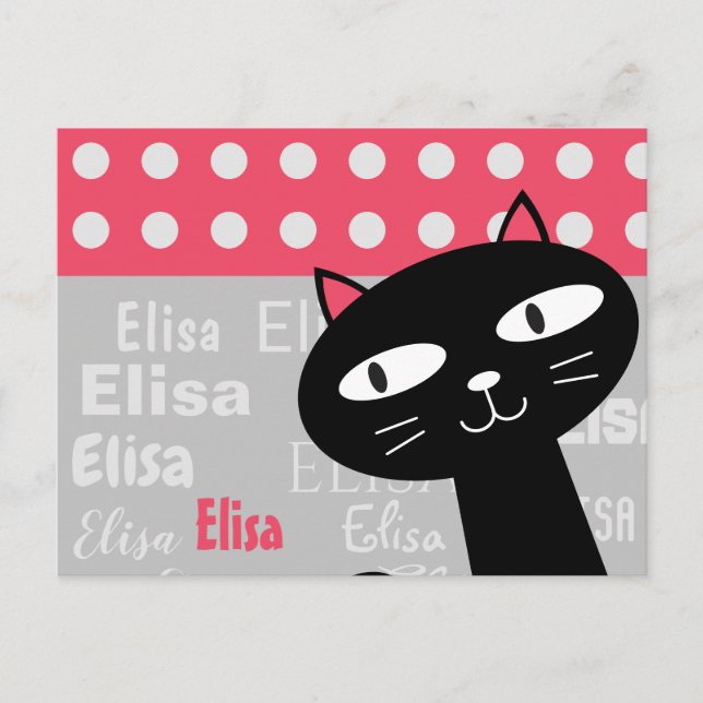 Cartão Postal Bolinhas Rosa Gato Preto-Grito Adicionam Seu Nome (Frente)