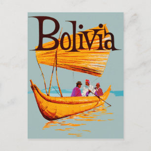 Cartão Postal Bolívia, pescadores no barco, viagens vintage