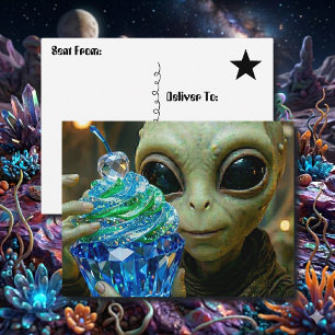 Cartão Postal Bolo Cristalino Alien Estelar Dizendo Olá