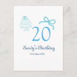 Cartão Postal Bolo de 20º aniversário com laço azul nome data pa