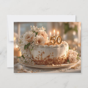 Cartão Postal Bolo de 50º Aniversário Elegante com Topo Dourado