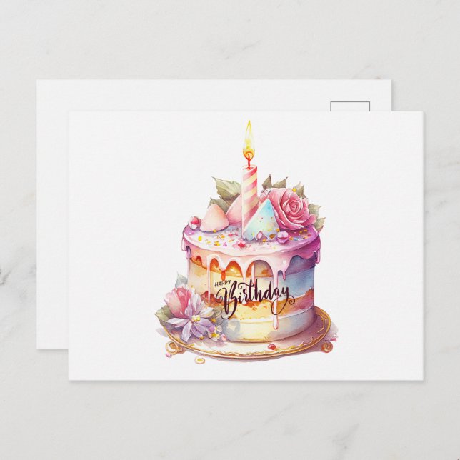 Cartão Postal Bolo de Aniversário Aquarela com Flores  (Frente/Verso)
