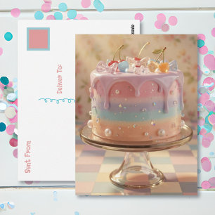 Cartão Postal Bolo de Aniversário Arco-Íris Estética Comida Vidr