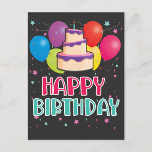 Cartão Postal Bolo De Aniversário Balão Celebração Confete