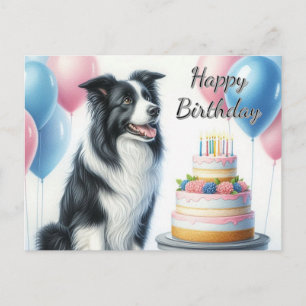Cartão Postal Bolo de Aniversário Balões Borda Collie