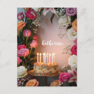 Cartão Postal Bolo de Aniversário com Velas Aceso e Nome Persona