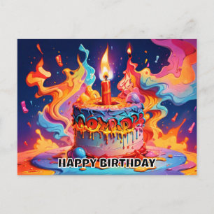 Cartão Postal bolo de aniversário cores psicodélicas aniversário