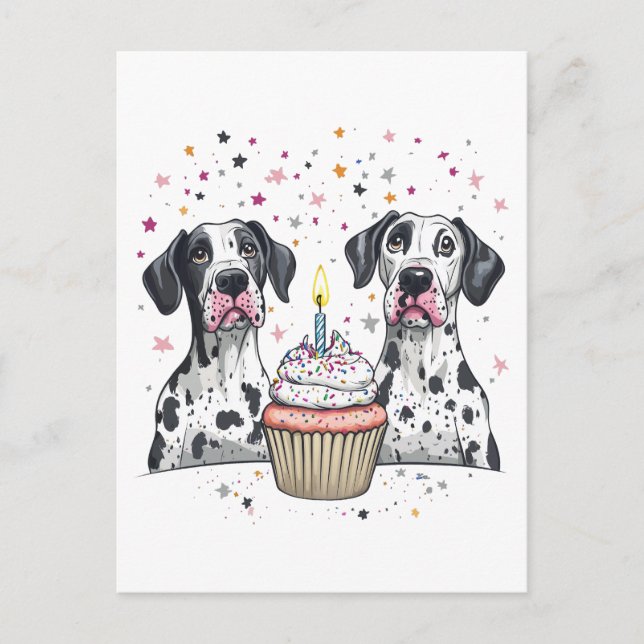 Cartão Postal Bolo de Aniversário do Cães Great Dane (Frente)